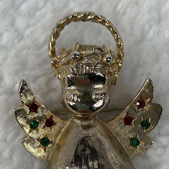 Vintage‎ Christmas Angel Brooch 2" Pin Gold Tone Red Green Rhinestones - Picture 6 of 10